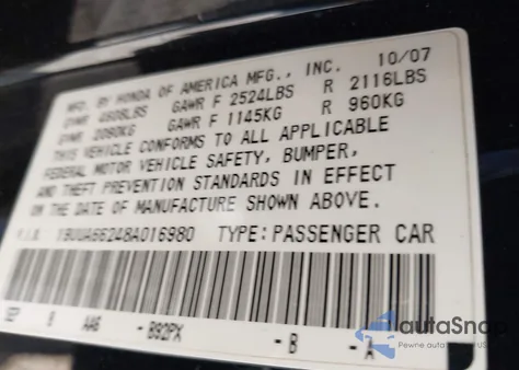 2008 Acura Tl 3.2 from USA, damaged, VIN 19UUA66248A016980